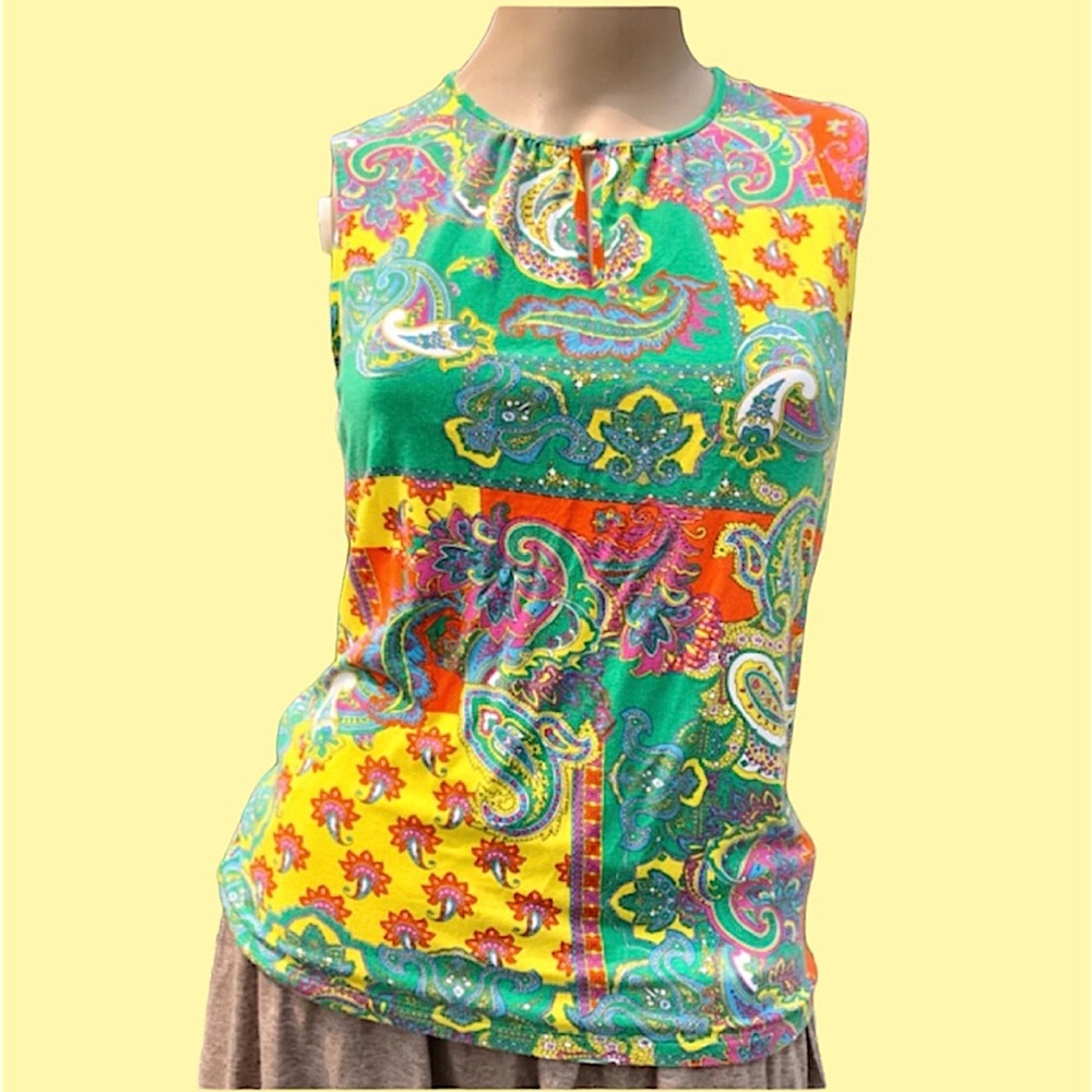 - Chaps Sz S Retro Multi-Print Sleeveless Top! EUC!